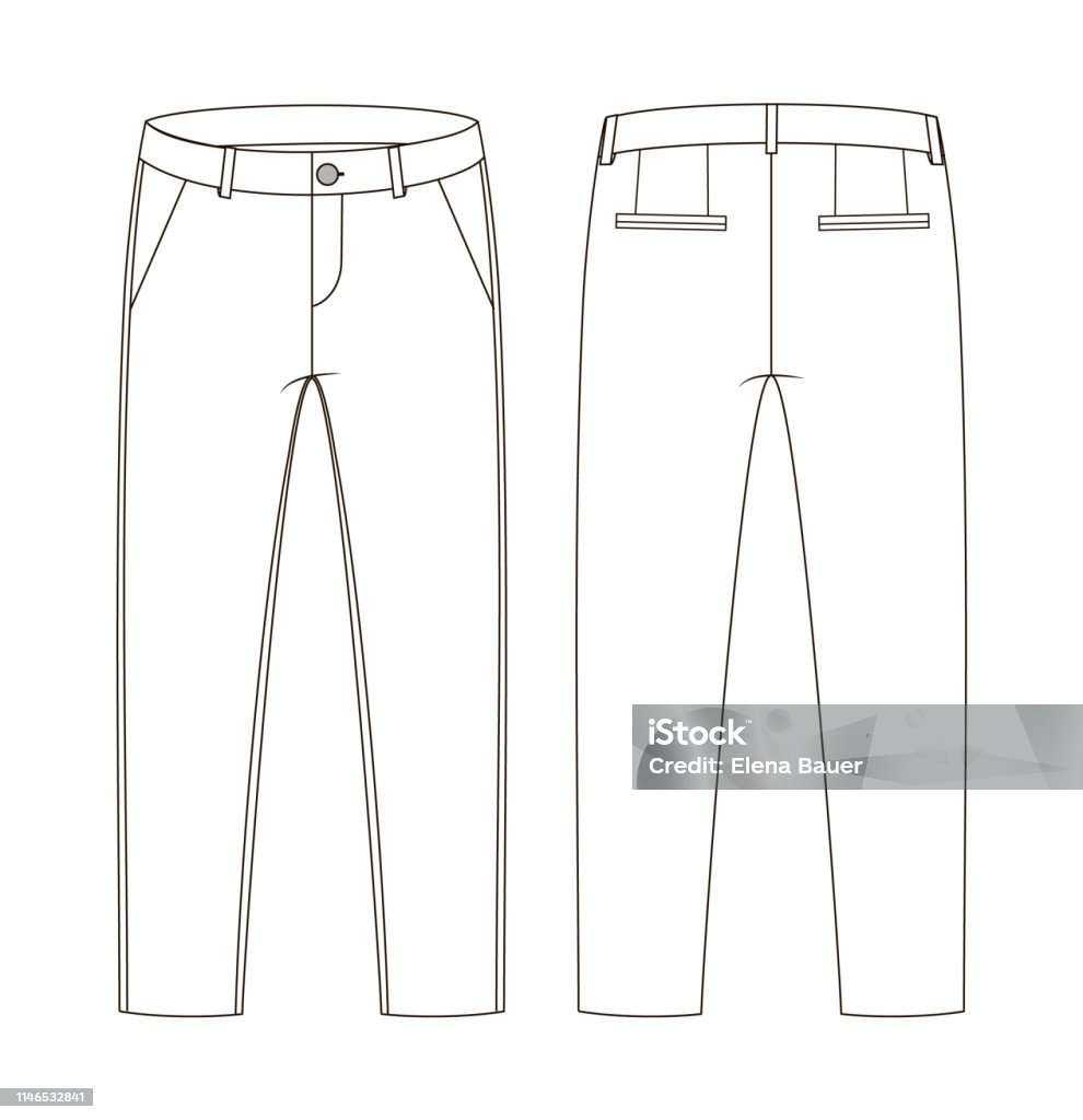 Fashion technical sketch of trousers in vector graphic Vector illustration of trousers. Front and back views of clothing. Beauty stock vector