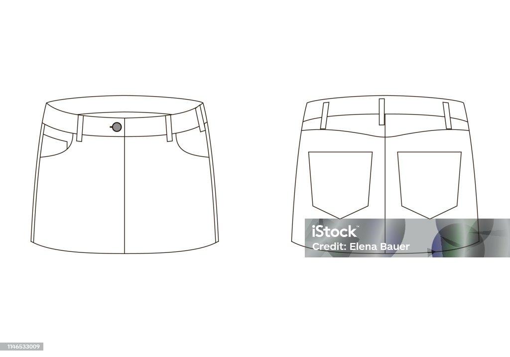 Fashion technical sketch of skirt in vector graphic Vector illustration of skirt. Front and back views of clothing. Back stock vector