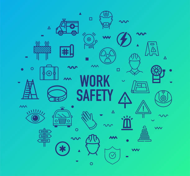 Workplace Safety & Hazards Outline Style Infographic Design Workplace safety and hazards outline style symbols on modern gradient background. Line vector icons for infographics, mobile and web designs. web page computer icon symbol engineer stock illustrations