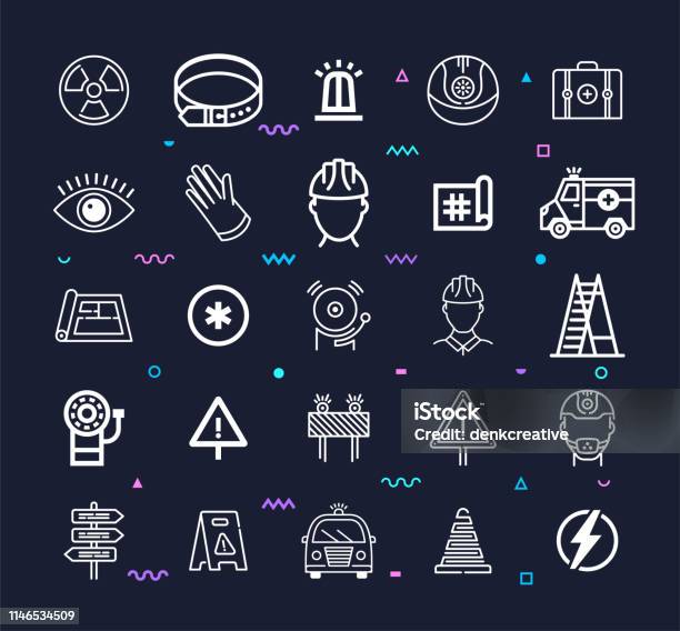 Health Safety At Work Line Style Vector Icon Set Stock Illustration - Download Image Now - Advice, Audit, Authority