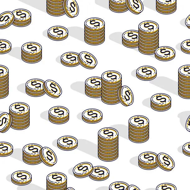 Vector illustration of Money coins seamless background, backdrop for financial business website or economical theme ads and information, 3d cash, vector wallpaper or web site background.