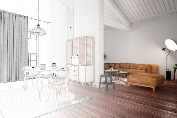 istock Half Unfinished Living Room Interior Sketch and 3D Render 1146536990