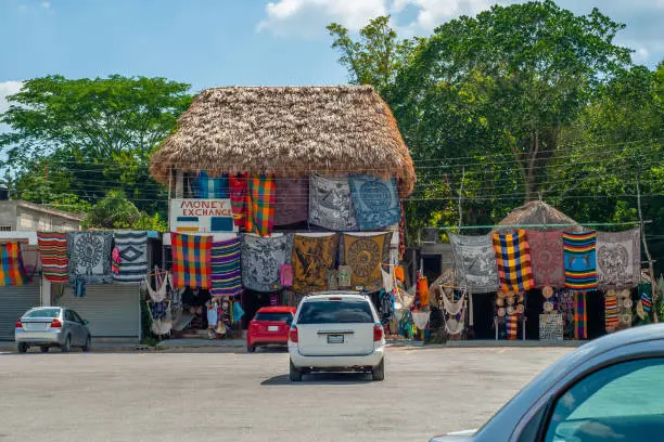 Shot of souvenir shops in the archaeological area of Coba, on the Yucatan peninsula