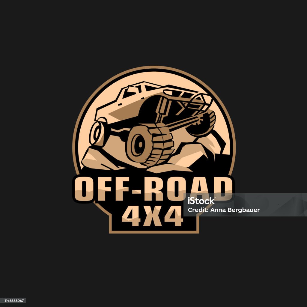 Off-road club logo Off-road 4x4 team. Off-roading suv adventure, extreme competition emblem and car club element. Beautiful editable vector illustration in black, brown, beige color isolated on a dark grey background. Dirt Road stock vector