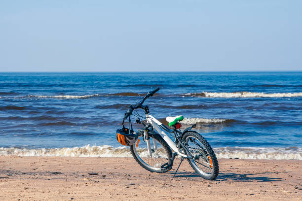 Bicycle parked next to water on Baltic beach in early spring