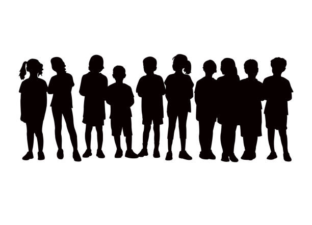 ilustrações de stock, clip art, desenhos animados e ícones de children together, waiting in line silhouette vector - silhuetas de crianças