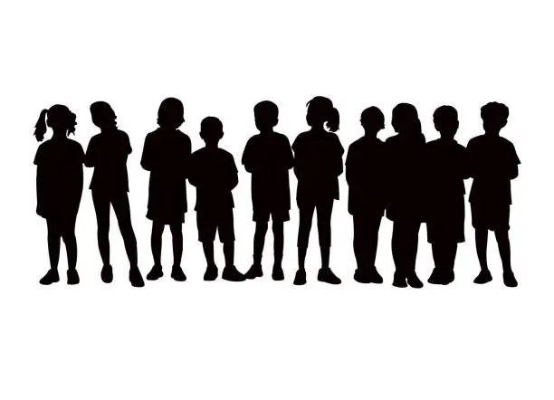 Vector illustration of Children together, waiting in line silhouette vector