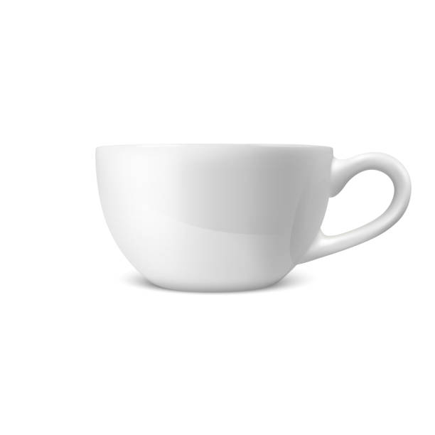 현실적인 벡터 3d 광택 빈 화이트 커피 차 컵, 찻잔 아이콘 근접 촬영 흰색 배경에 고립. 브랜드, 모형에 대 한 도자기 컵 또는 찻잔의 디자인 서식 파일입니다. 전면 보기 - vector cup tea cup white background stock illustrations
