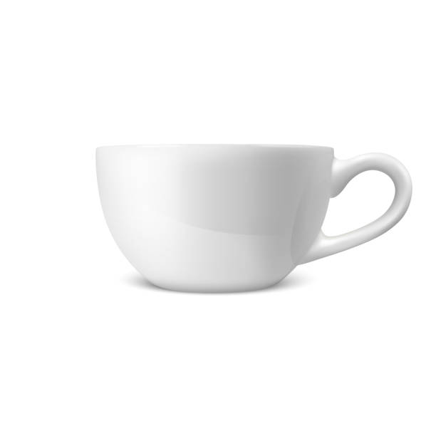 realistyczny wektor 3d błyszczący blank white coffee tea cup, kubek ikona closeup izolowane na białym tle. szablon projektu porcelany cup lub kubek do marki, mockup. widok z przodu - vector cup tea cup white background stock illustrations