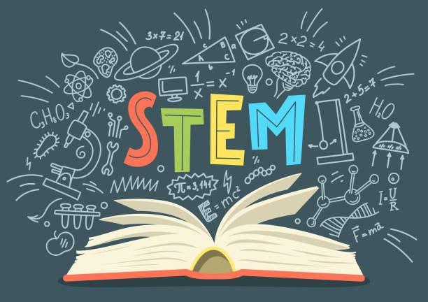 STEM STEM. Science, technology, engineering, mathematics. Stack of books with science education doodles and hand written word "STEM" stem education stock illustrations