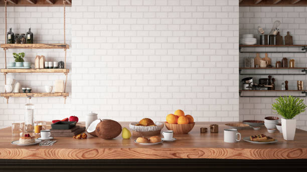 kitchen counter with foods and empty white brick wall - kitchen utensil ingredient cooking nobody imagens e fotografias de stock