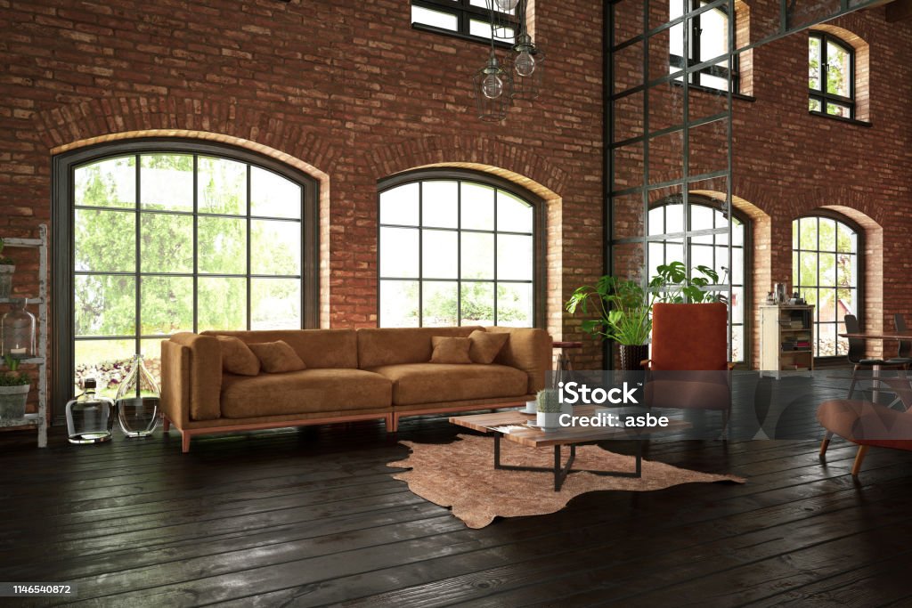 Industriële stijl woonkamer met bakstenen muren - Royalty-free Woonkamer Stockfoto