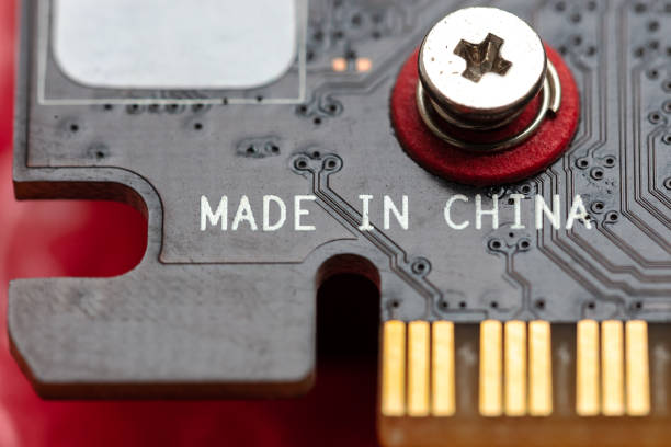 made in china inscription at hardware circuit board. china electronic industry.
