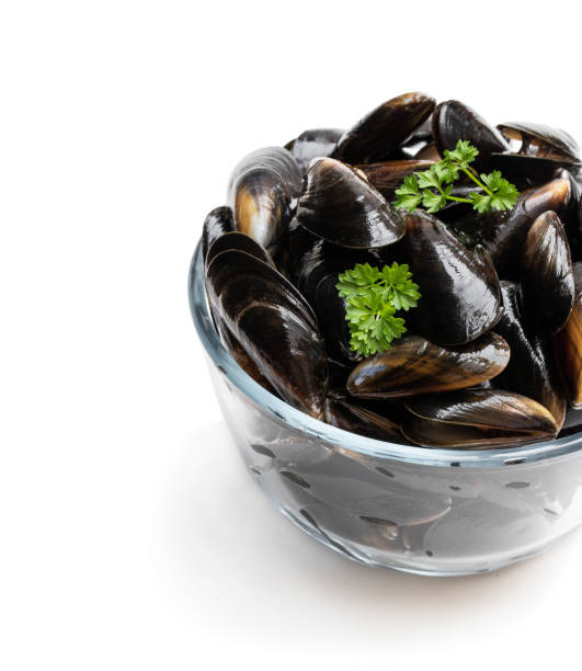 istock Raw mussels in glass bowl isolated on white 1146544530