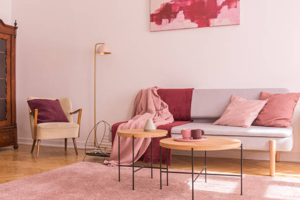 deux tables basses en bois à côté du sofa gris moderne avec des oreillers et des couvertures dans l’intérieur de belle salle de séjour rose pastel - beautiful red pink wood photos et images de collection