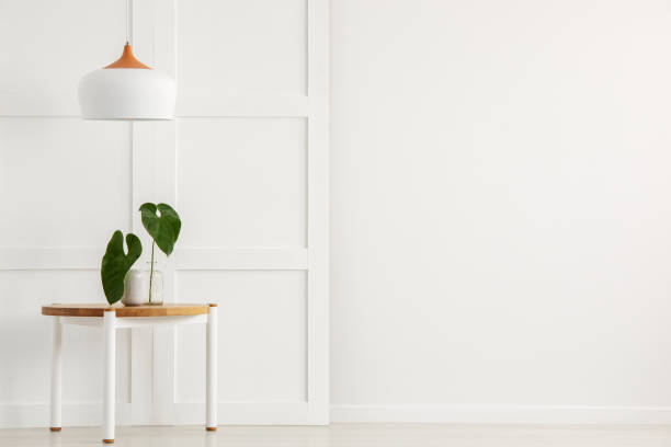 istock Plant on a table and lamp next to an empty wall. Place your graphic 1146546948