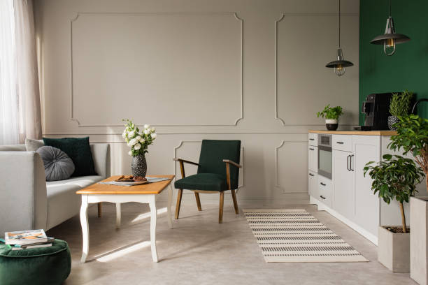 istock Copy space on empty grey wall of stylish open plan kitchen and living room interior 1146547124