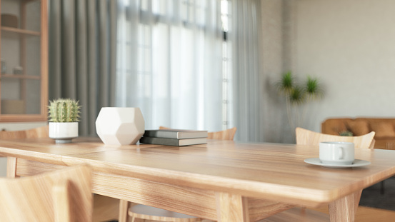 Wooden Table Top with Blur of Modern Living Room Interior
