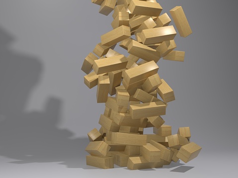 A 3D rendering of a wooden Jenga game falling