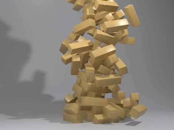 A 3D rendering of a wooden Jenga game falling