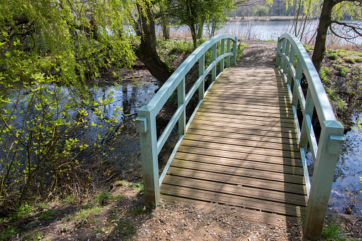 Pretty bridge over stream. Picturesque  country landscape. Painted wooden footbridge
