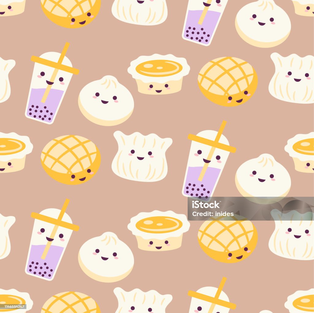 Asian Street Food Cartoon Pattern Vector With Egg Tart Bubble Tea And Dim  Sum Beige Background Stock Illustration - Download Image Now - iStock