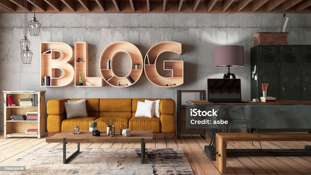 Retro Blog BookShelf with Cozy Interior Retro Blog Bookshelf. 3d Render Blogging Stock Photo