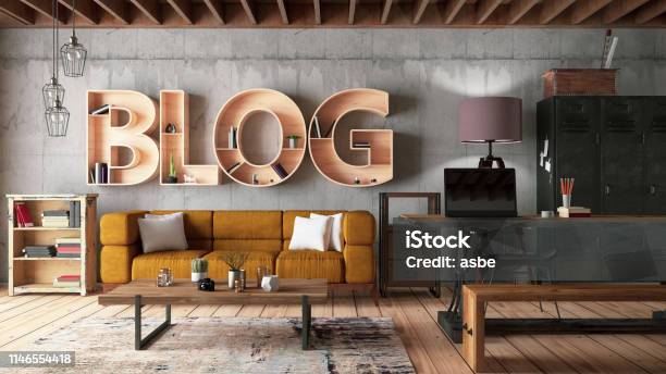 Retro Blog Bookshelf With Cozy Interior Stock Photo - Download Image Now - Blogging, Living Room, Front View