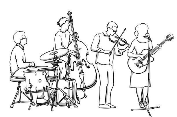 folk rock band - practicing music violin women stock-grafiken, -clipart, -cartoons und -symbole