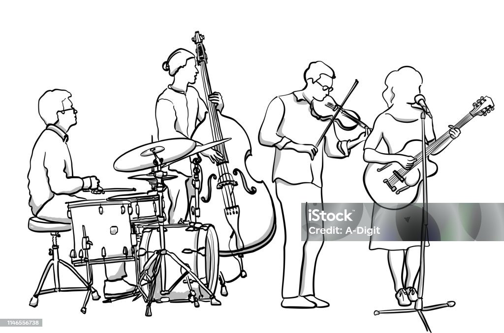 Folk Rock Band Folk rock band with young musicians making original music together Drawing - Art Product stock vector