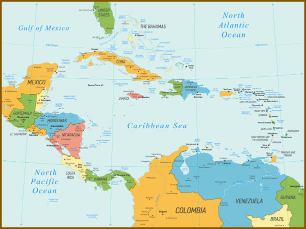 Vintage Map of Central America. Vector Illustration Central America and The Caribbean Map with Geographical Borders grenada caribbean map stock illustrations