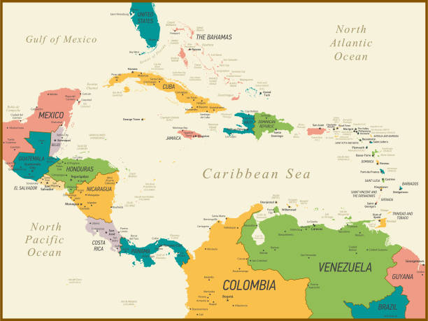 Vintage Map of Central America and The Caribbean. Vector Illustration Central America and The Caribbean Map with Geographical Borders caribbean stock illustrations