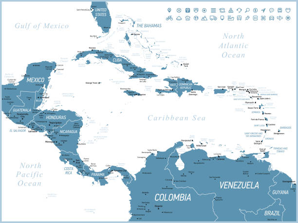 mapa ameryki środkowej. ilustracja wektorowa z ikonami infografiki i granicami narodowymi - central america map belize honduras stock illustrations