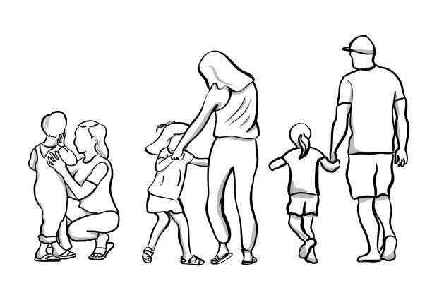 Parenting Styles Different styles of parenting, vector drawing showing moms and dad taking care of their own child walking drawings stock illustrations