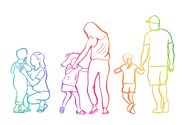 Parenting Styles Rainbow Different styles of parenting, vector drawing showing moms and dad taking care of their own child baby boy dancing with his mommy stock illustrations