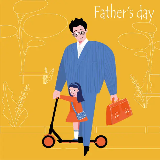 Vector illustration of Father's day. Father with a child riding a scooter.
