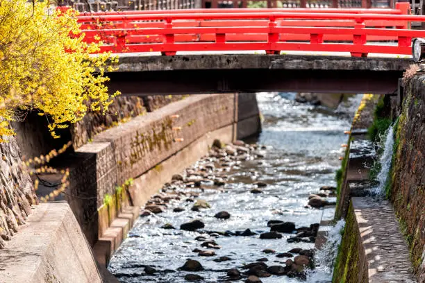 Small red bridge by Enako river in Takayama, Gifu prefecture in Japan with water in spring and yellow tree