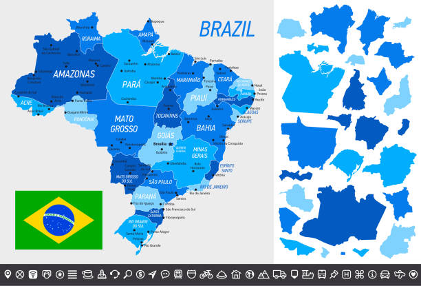 карта бразилии с национальным флагом, разделенными провинциями и навигационными иконами - brazil map rio de janeiro sao paulo stock illustrations