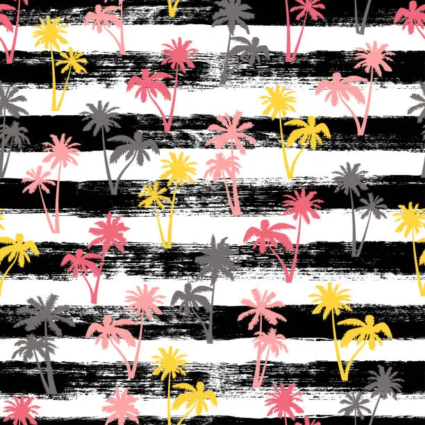 Vector illustration of Seamless pattern, vector palm tree on stripes.