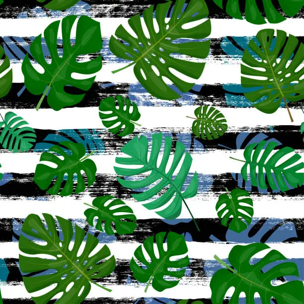 Vector illustration of Seamless pattern, vector monstera leaves on ink stripes.