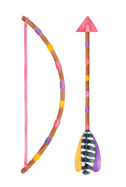 활과 화살 그림 세트입니다. 축제 장식 깃털과 화려한 리본 (분홍색, 보라색, 보라색, 노란색 색상)으로 장식 되어 있습니다. 손으로 그린 수채화 물감 그래픽 흰색 바탕에 그림. - north american tribal culture arrow arrowhead bow and arrow stock illustrations
