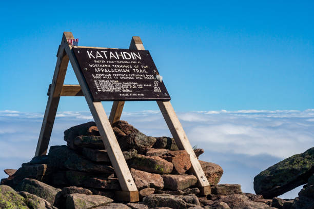 Appalachian Trail Sign, Katahdin, Baxter State Park, Maine A large wooden sign on the summit of Katahdin in Baxter State Park, Maine, marking the northern terminus of the Appalachian Trail. appalachian trail photos stock pictures, royalty-free photos & images