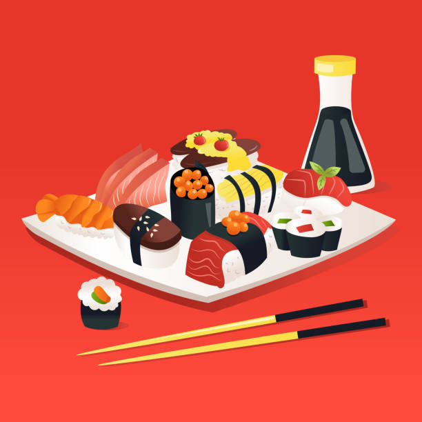 ilustraciones, imágenes clip art, dibujos animados e iconos de stock de sashimi de sushi de dibujos animados en un plato con salsa de soja palillo - japanese cuisine soy sauce food bonito