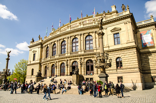 Prague, Czech Republic - April 17, 2019: Rudolfinum, Philarmonic building in Prague during day os springtime with crowd in front.