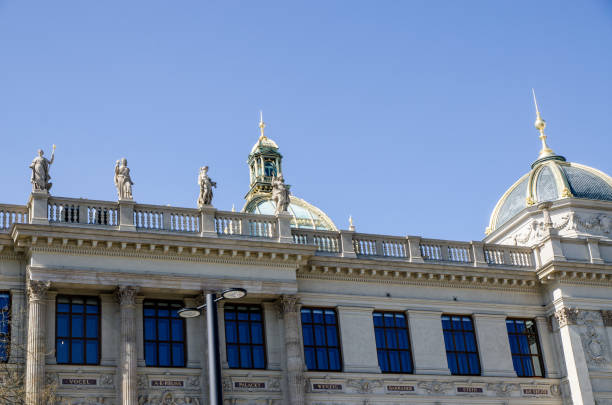 Prague, Czech Republic - April 17, 2019: National museum of Prague top section during day of springtime. No people.
