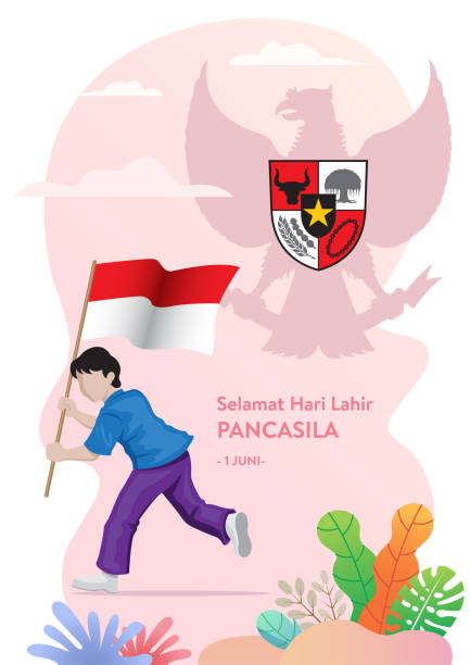 Happy Pancasila Day (Selamat Hari Lahir Pancasila) An Illustration of a man running and holding a national Flag with a Pancasila symbol. Marks the date of Sukarno's 1945 address on the national ideology. Happy Pancasila Day, 1st of June. garuda pancasila stock illustrations