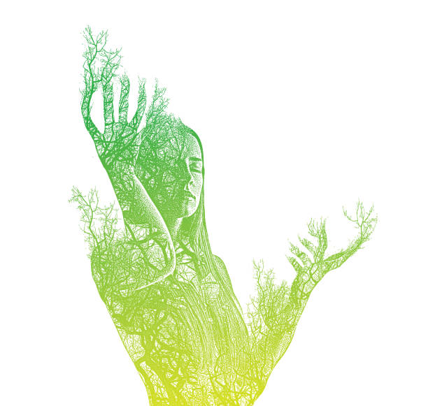 ilustrações de stock, clip art, desenhos animados e ícones de multiple exposure of a beautiful young woman meditating and morphing into trees - growth tree spirituality tranquil scene