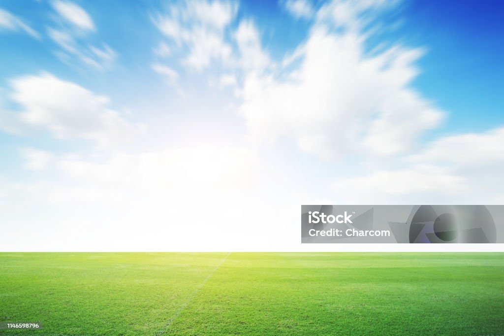 Football Green Field With Cloud Blue Sky Background Landscape Outdoor Sport  Stock Photo - Download Image Now - iStock