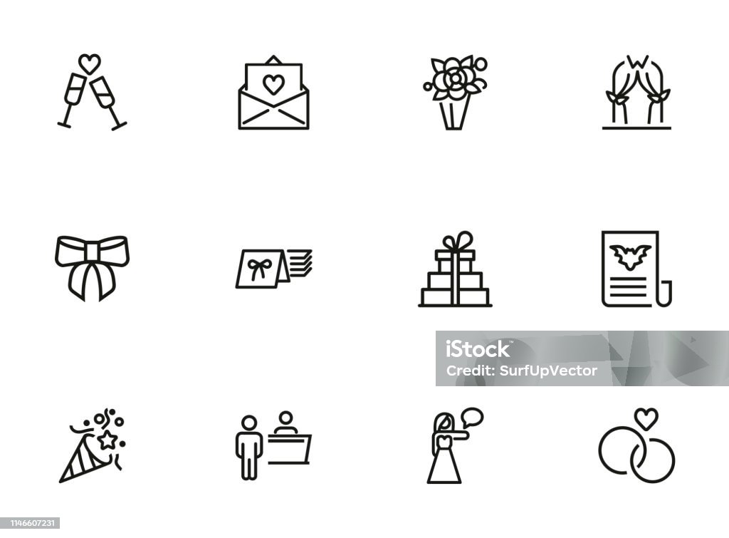 Party invitation line icon set Party invitation line icon set. Hostess, card in envelope, clinking flutes. Holiday concept. Can be used for topics like festive event, wedding, celebration Adult stock vector