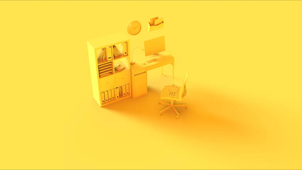 istock Yellow Contemporary Home Office Setup with Bookshelf Modern Computer Wall Clock File Holder Chair and Notebook 1146607419